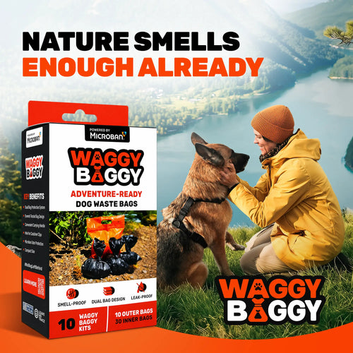 Cleanwaste Waggy Baggy, Adventure Ready Dog Waste Bags with Smell-Proof, Dual Bag System, with Convenient Carry Handle, 10Ct